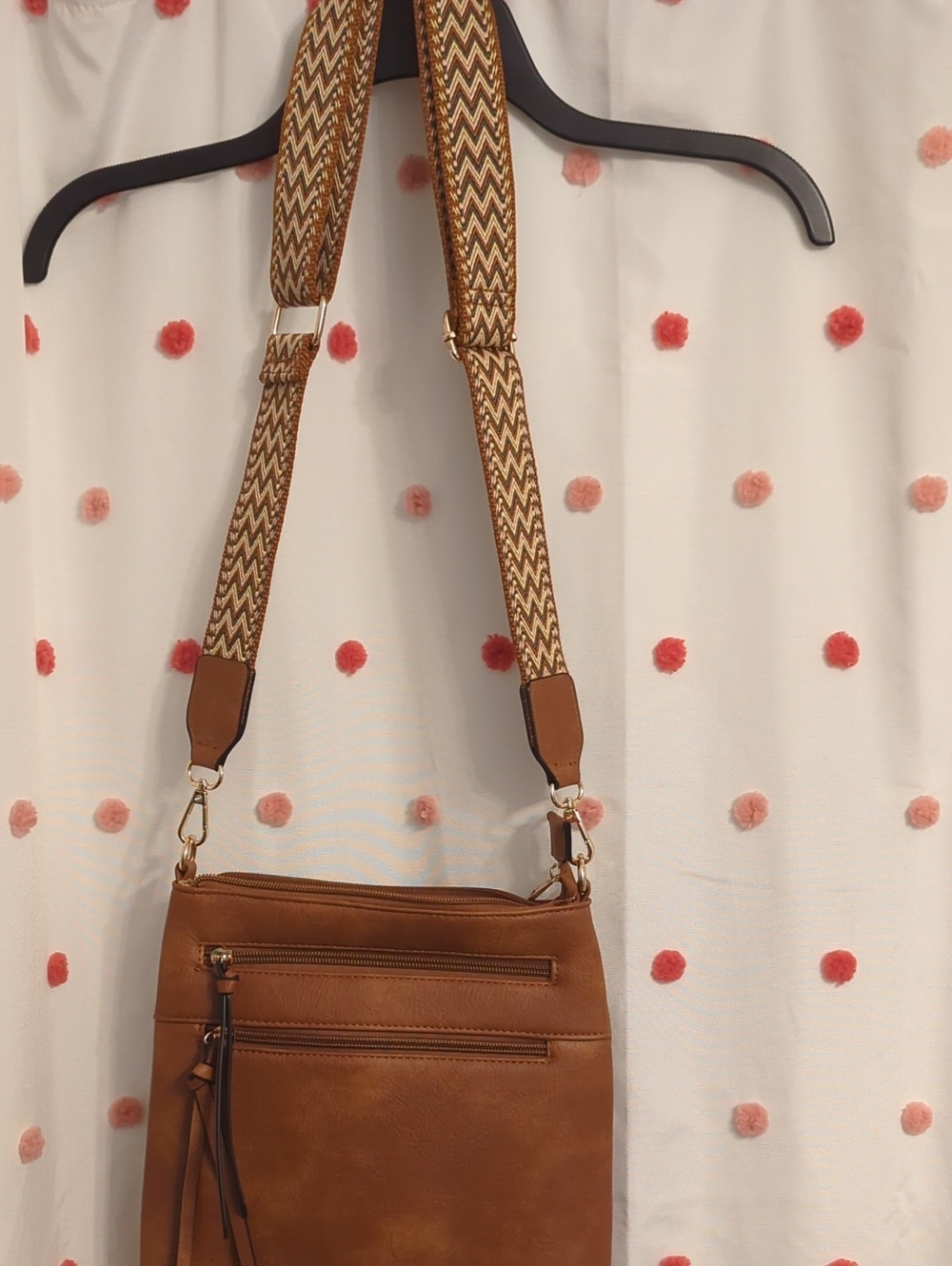 Brown Crossbody Bag with Patterned Adjustable Strap